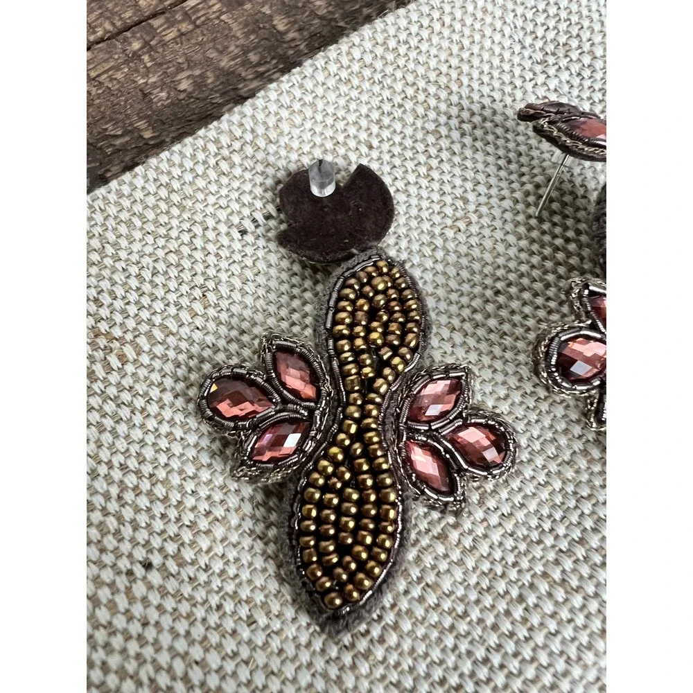 Sparkling Beaded Drop Earrings with Pink‎ Gemstones Boho Statement Jewelry
